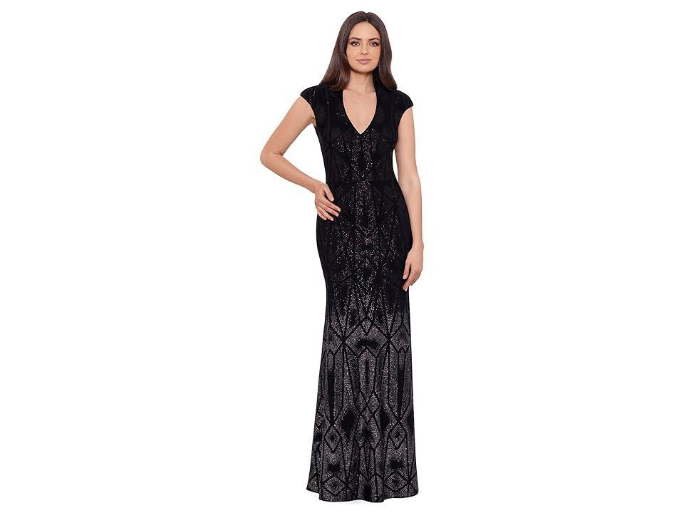 Betsy & Adam Womens Cap Sleeve Metallic Sheath Gown - Black Product Image