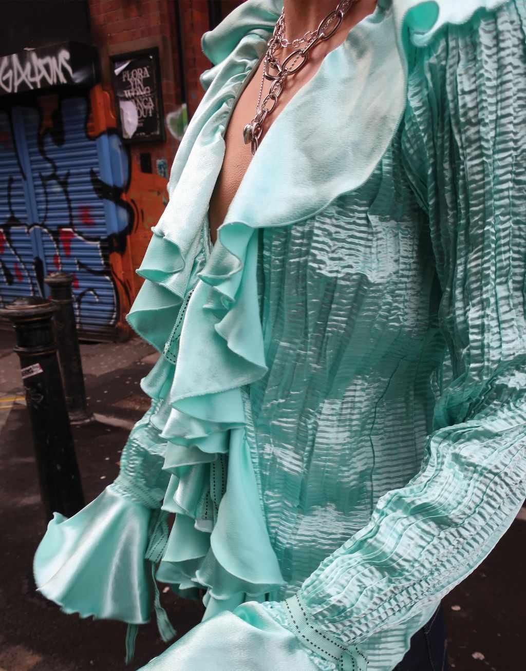 Labelrail x Daisy Birchall ruffle pleated blouse in turquoise Product Image