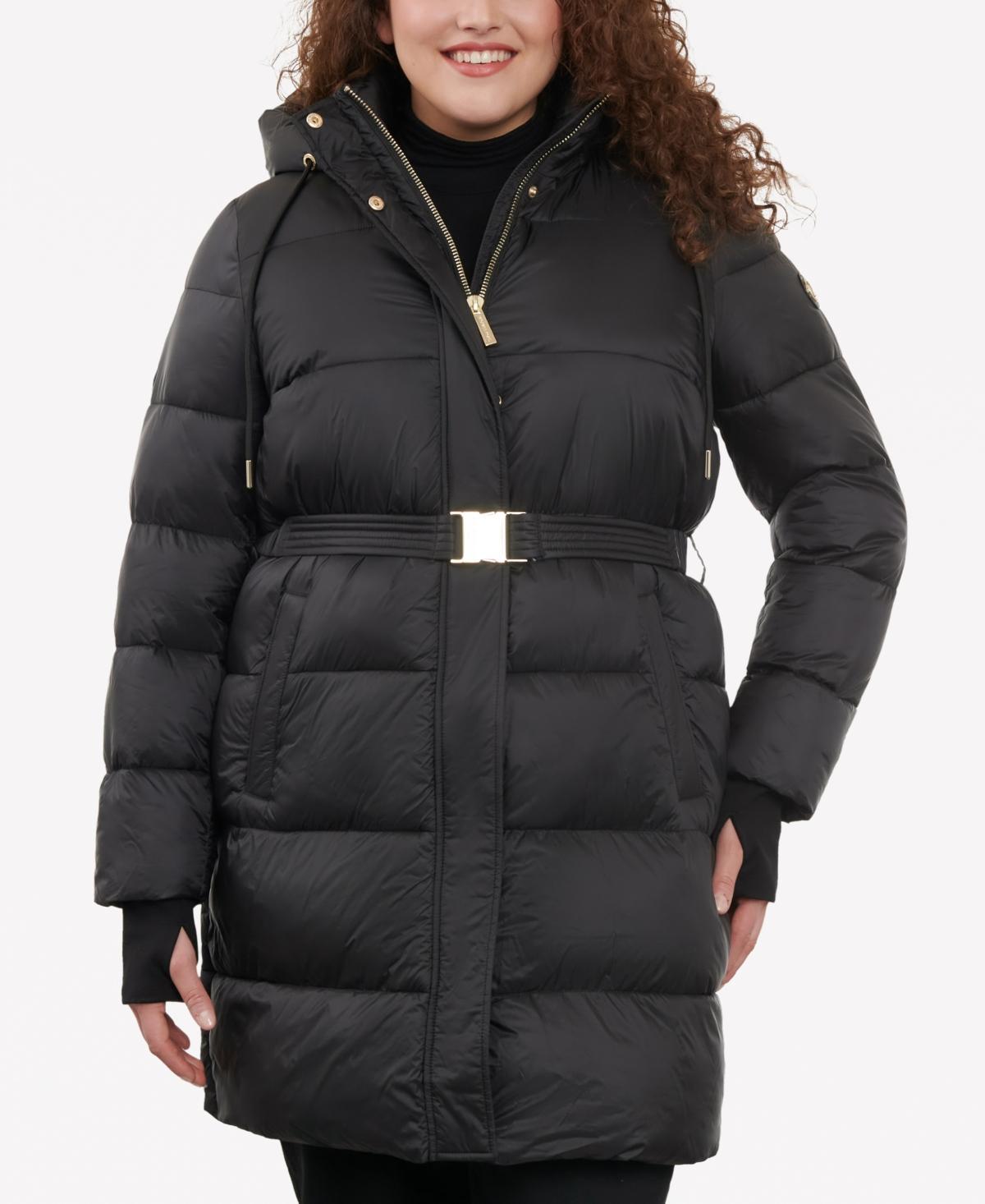 Michael Michael Kors Womens Plus Size Hooded Belted Puffer Coat Product Image