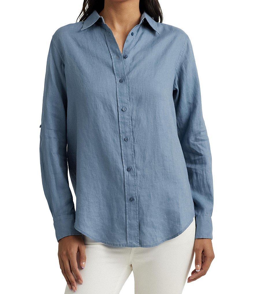 Lauren Ralph Lauren Petite Size Linen Point Collar Long Sleeve Button Front Shirt Product Image