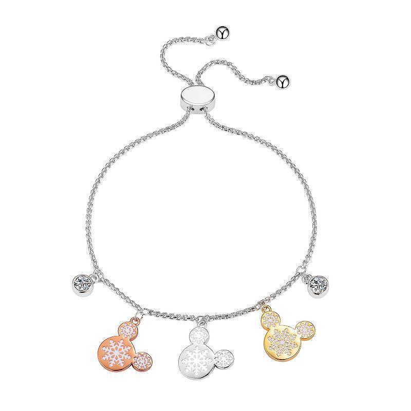 Disneys Mickey Mouse Tri-Tone Silhouette Charm Adjustable Bracelet with Cubic Zirconia, Womens Product Image