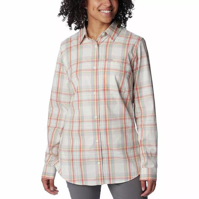 Womens Columbia Anytime Long Sleeve Button-Up Shirt Sunset Pink Tartan Product Image