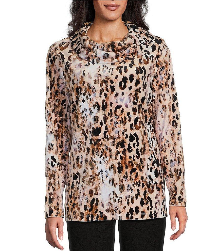 Leo & Nicole Stretch Knit Velour Animal Simple Treasure Print Cowl Neck Long Sleeve Top Product Image