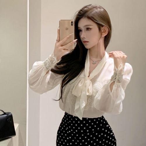 Long-Sleeve Tie-Neck Lace Panel Blouse / High Waist Dotted Pencil Skirt Product Image