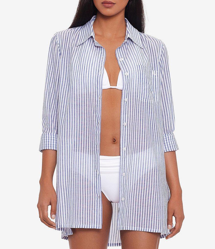 Lauren Ralph Lauren Striped Point Collar Long Cuff Sleeve Camp Swim Cover Up Shirt Product Image