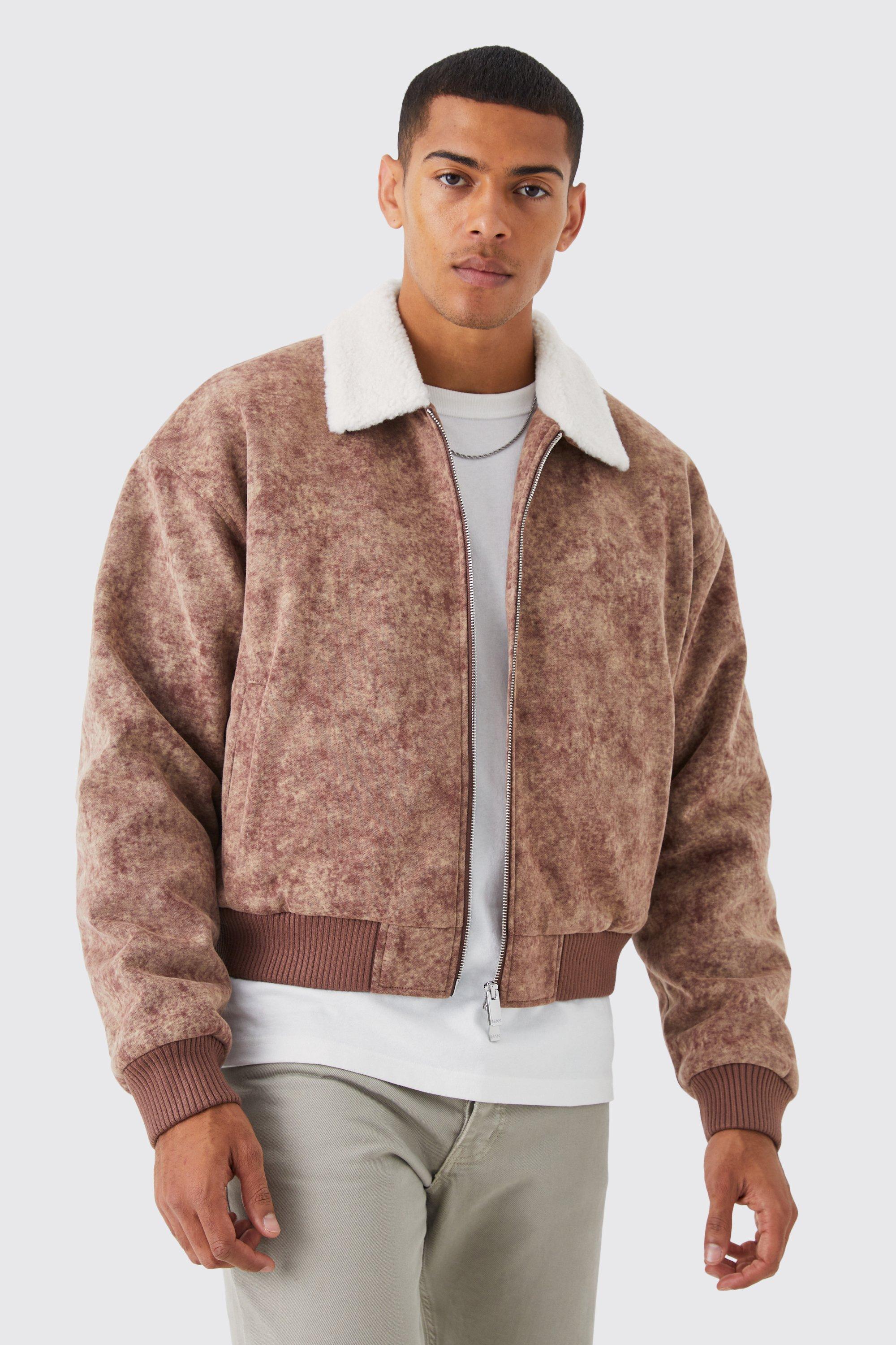 Boxy Acid Wash Bomber With Borg Collar | boohooMAN USA Product Image