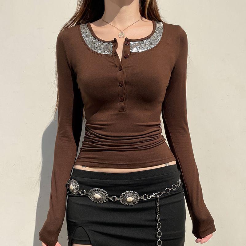 Long Sleeve Sequin Trim Slim Fit T-Shirt Product Image