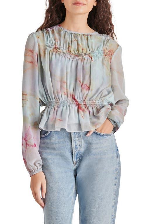 Steve Madden Pyper Printed Washed Satin Crew Neck Long Sleeve Peplum Blouse Product Image