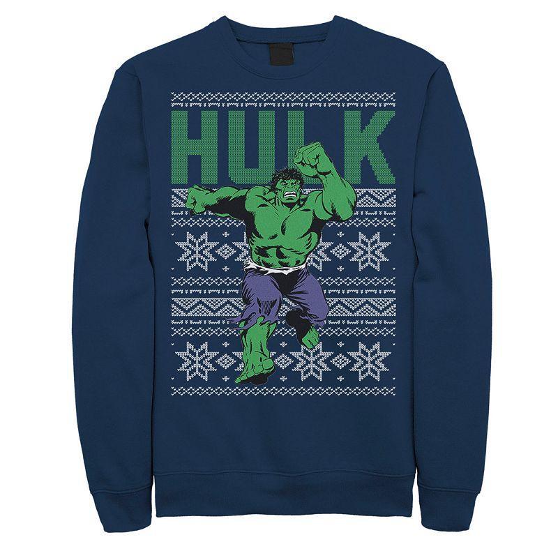 Mens Marvel Hulk Retro Ugly Christmas Graphic Fleece Pullover Blue Product Image