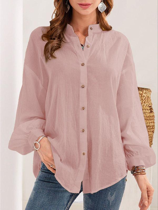 Long Sleeves Loose Buttoned Mock Neck Blouses&Shirts Tops Product Image