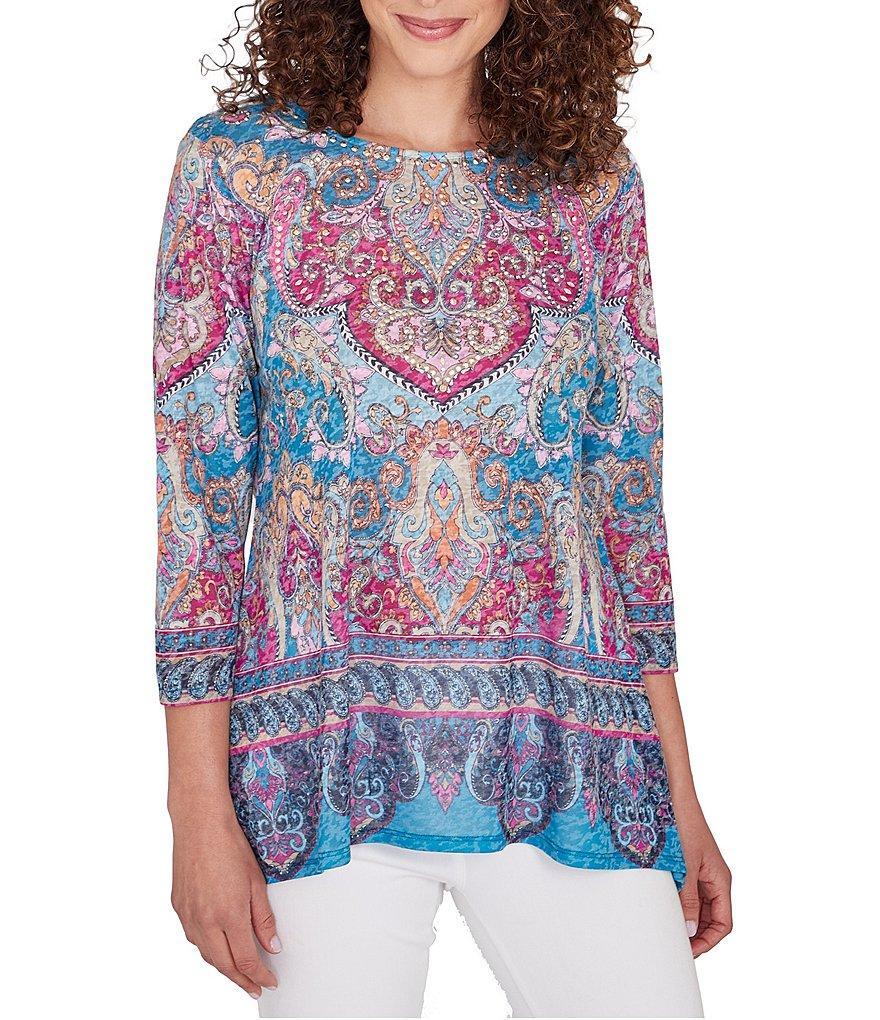 Ruby Rd. Embellished Boat Neck 3/4 Sleeve Sharkbite Hem Tunic Product Image