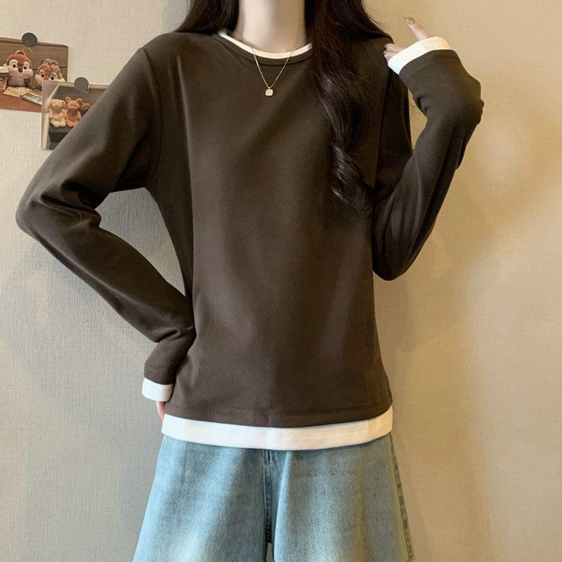 Long Sleeve Round Neck Mock Two Piece Tee Product Image