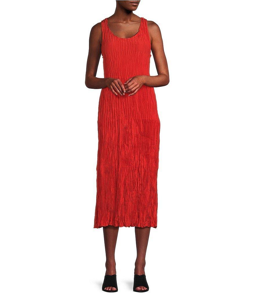 Eileen Fisher Petite Size Crinkle Silk Scoop Neck Sleeveless A-Line Tiered Midi Dress Product Image