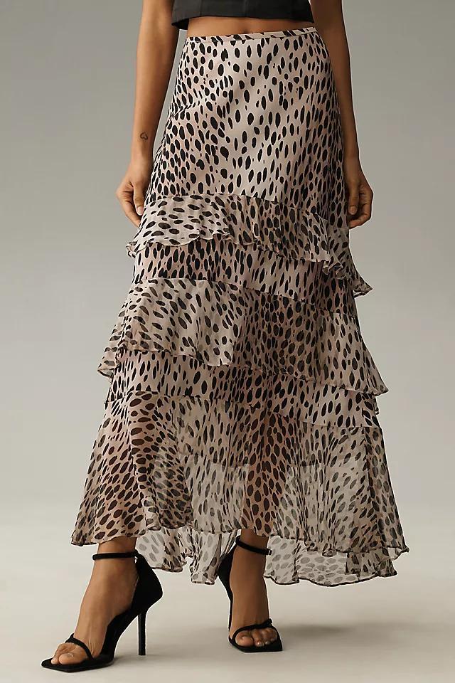 RIXO Leopard Preslee Silk Ruffled Midi Skirt Product Image