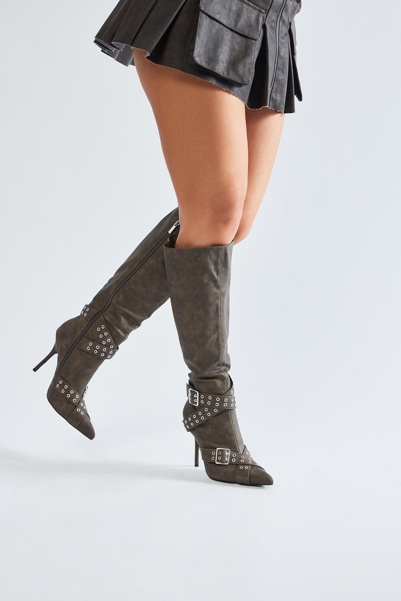 London Buckle Knee High Boots - Charcoal Product Image