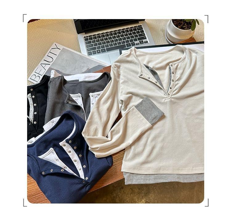 Mock Two-Piece Long-Sleeve Henley Two Tone Slim Fit Tee Product Image