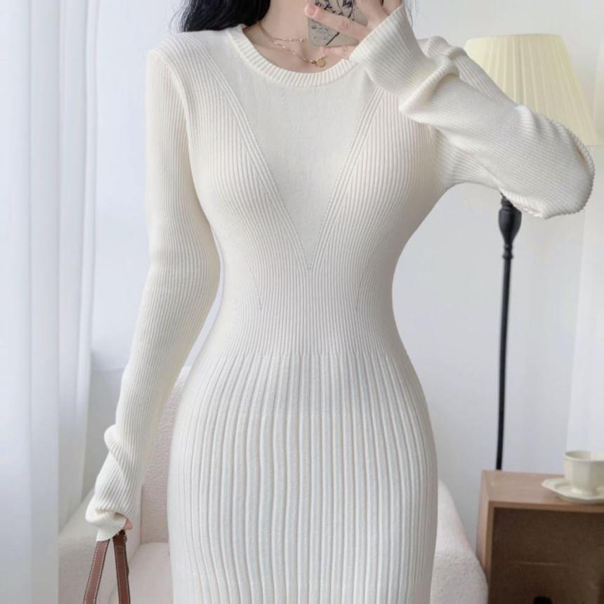 Long-Sleeve Crewneck Knit Midi A-Line Dress Product Image