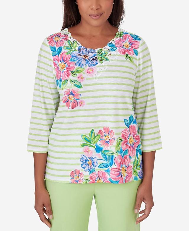 Alfred Dunner Womens Miami Beach Asymmetrical Stripe Floral Top Product Image