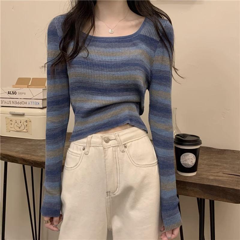 Long-Sleeve Square Neck Color Block Ribbed Knit Top Product Image