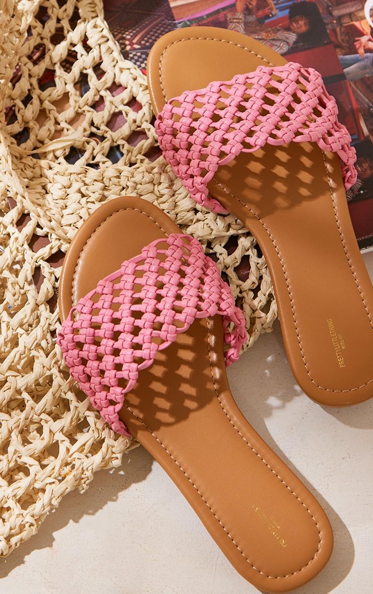 Light Pink Wide Fit Round Faux Leather Knotted Net Strap Slides Product Image