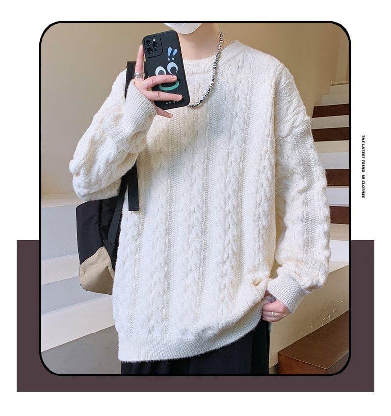 Crew Neck Plain Cable Knit Sweater Product Image