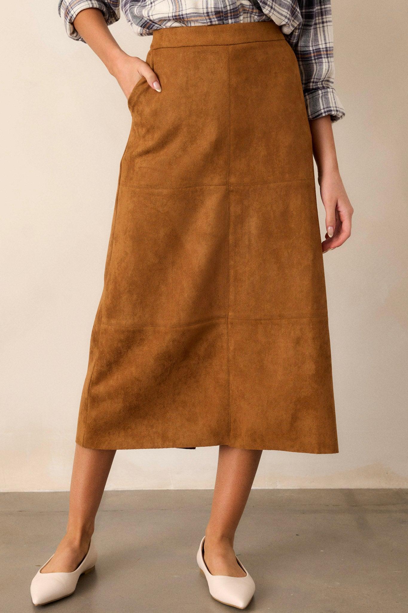 I'm Telling You Caramel Brown Faux Suede Midi Skirt Product Image