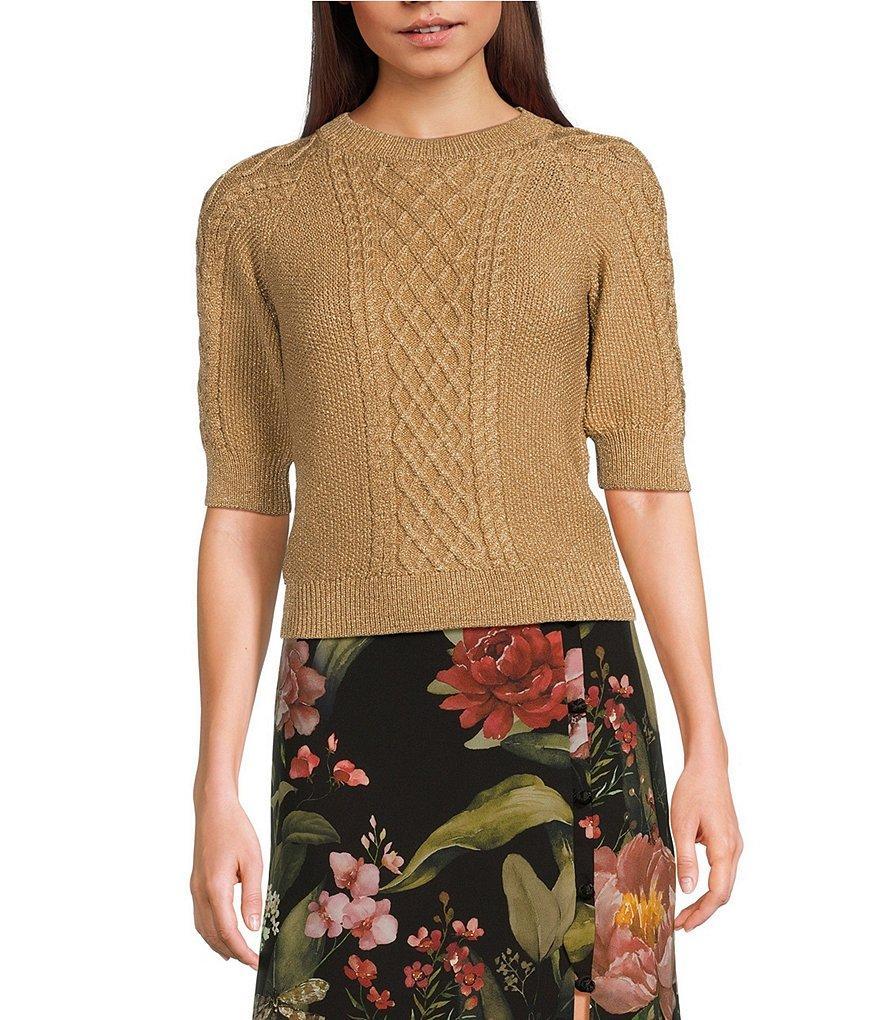 Mestiza New York Enya Metallic Cable Knit Crew Neck Short Sleeve Cropped Sweater Product Image