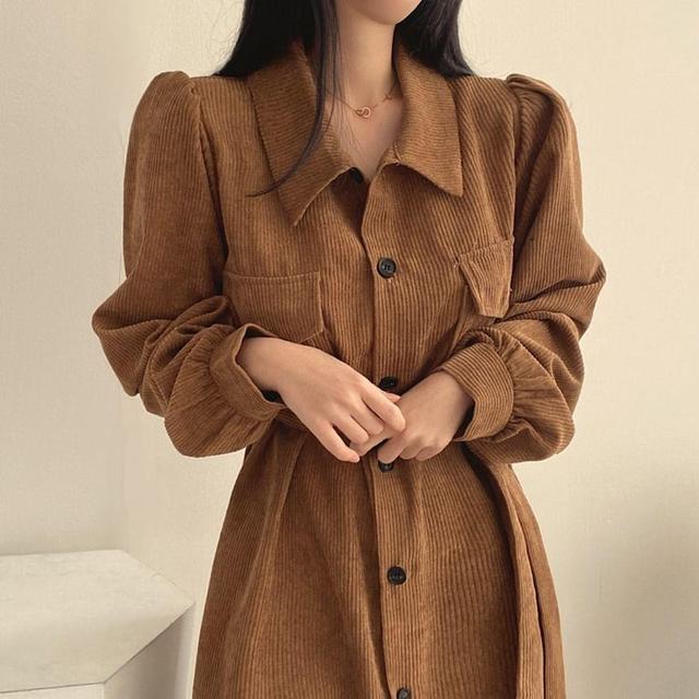 Collared Button-Up Plain Long Trench Coat Product Image