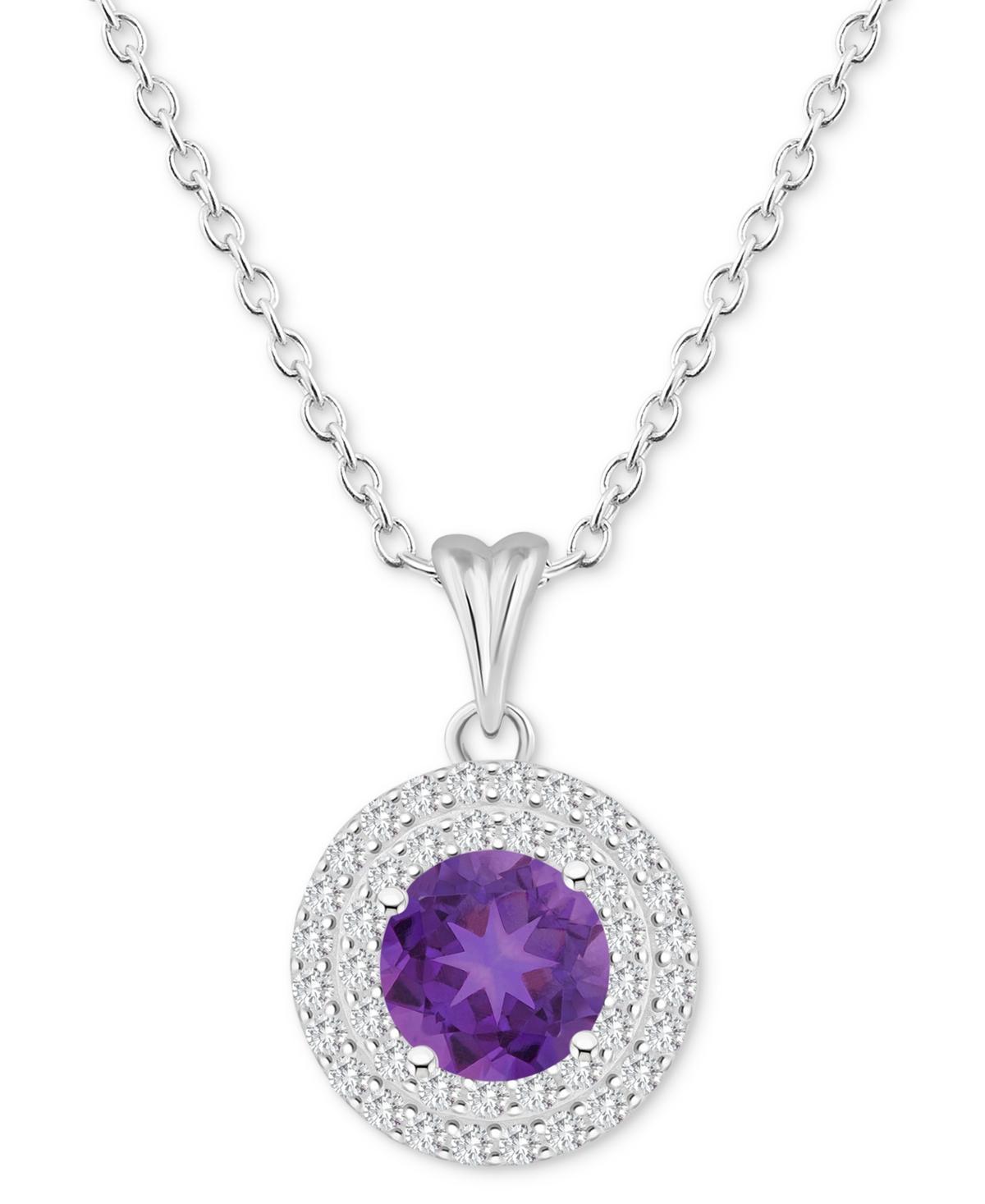 Celebration Gems Sterling Silver Round-Cut Amethyst & White Topaz Double Halo Pendant Necklace, Womens Purple Product Image