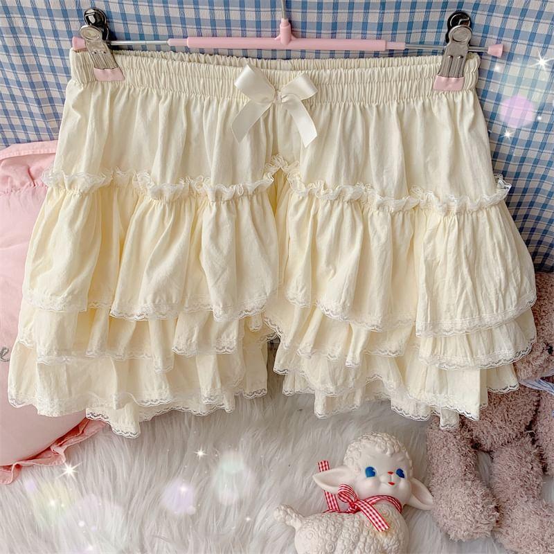 Elastic Waist Plain Bow Accent Lace Trim Tiered Ruffle Mini A-Line Skort Product Image