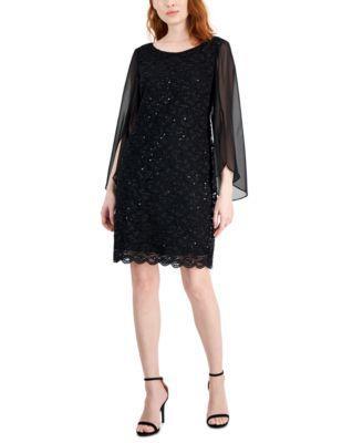 Petite Round-Neck Long-Cape-Sleeve Lace Dress Product Image