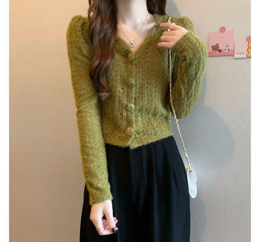 Long-Sleeve V-Neck Plain Lace Cropped Blouse Product Image