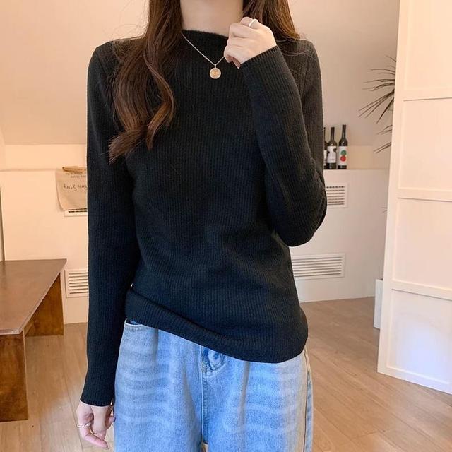 Long-Sleeve Mock Neck Fleece Lined Plain Knit Top Product Image