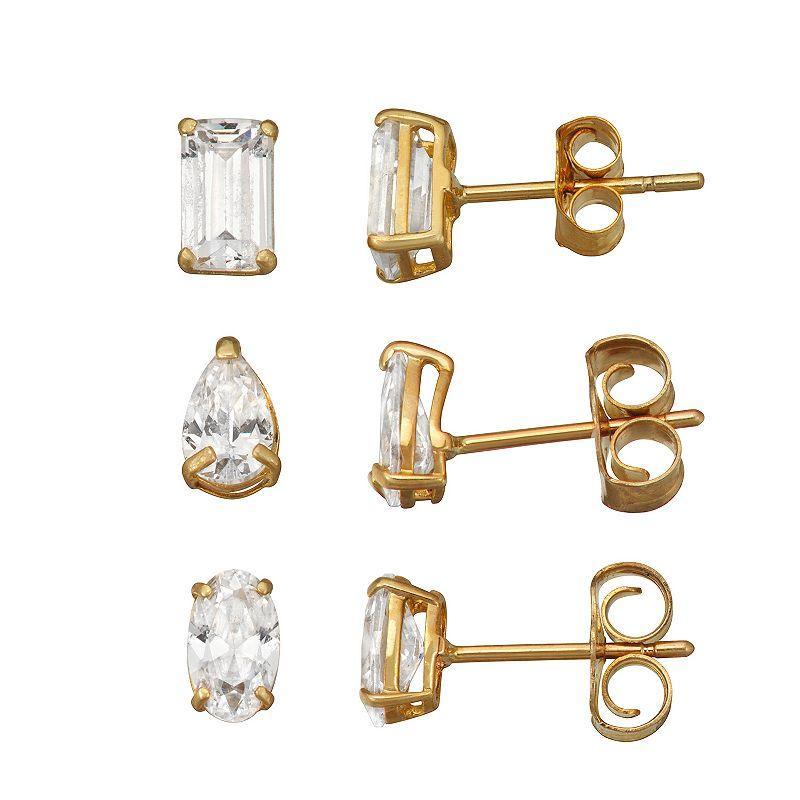 Taylor Grace 3-Pair 10k Gold Cubic Zirconia Stud Earring Set, Womens Product Image