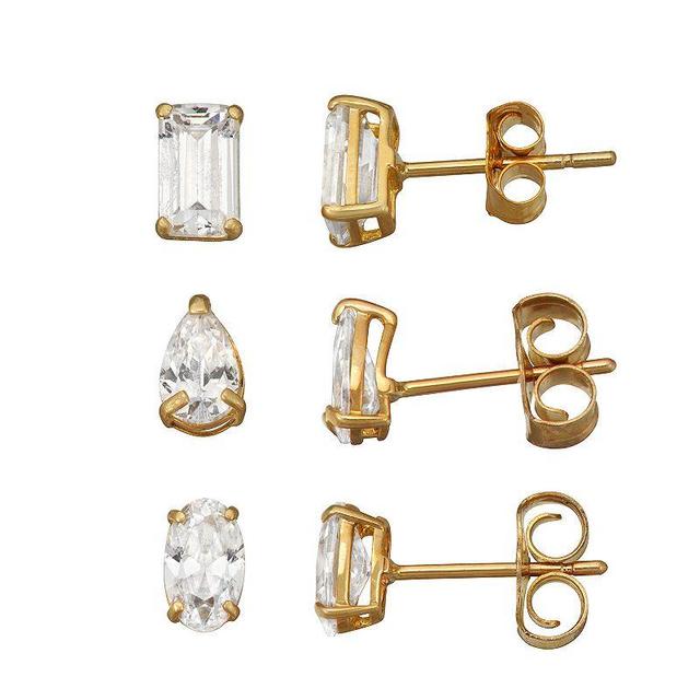 Taylor Grace 3-Pair 10k Gold Cubic Zirconia Stud Earring Set, Womens Product Image