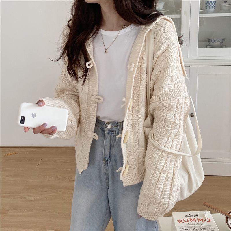 Sailor Collar Plain Cable Knit Toggle Cardigan Product Image