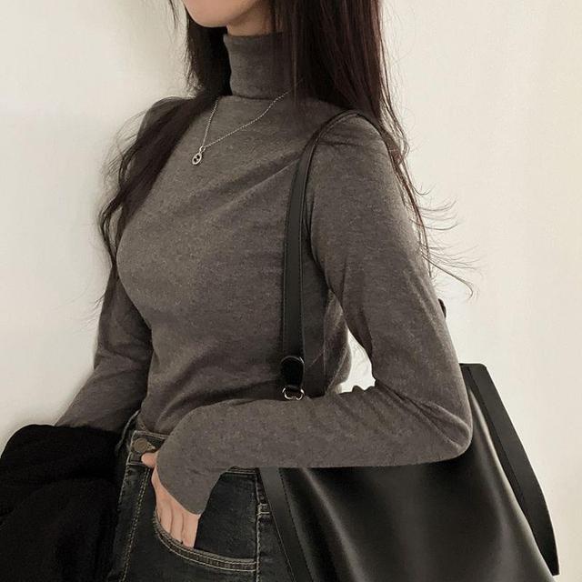 Long Sleeve Mock Neck Plain Fleeced Slim-Fit Top Product Image