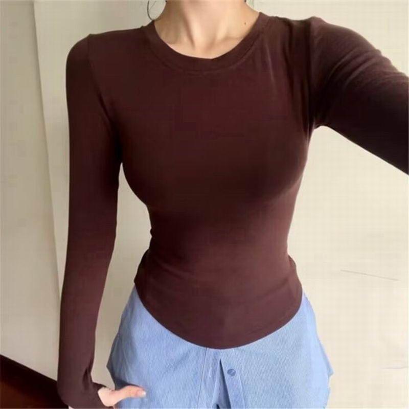 Long-Sleeve Round Neck Plain Slim Fit Tee Product Image