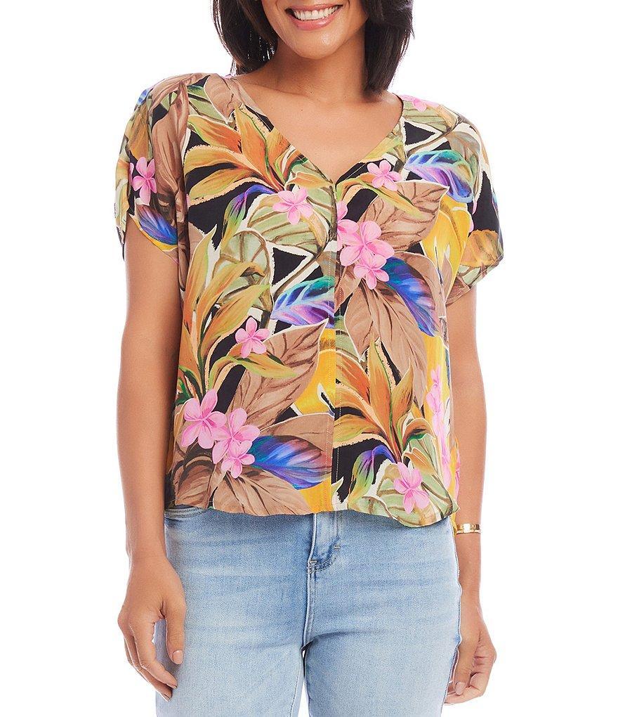 Karen Kane Tropical Print Woven V-Neck Short Dolman Sleeve Top Product Image