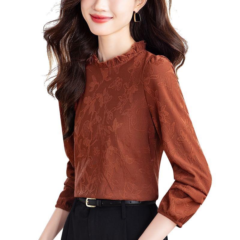 Long Sleeve Round Neck Ruffle Trim Floral Top Product Image