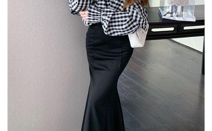 Off-Shoulder Puff-Sleeve Gingham Ruffled Blouse / High Waist Midi Mermaid Skirt Product Image