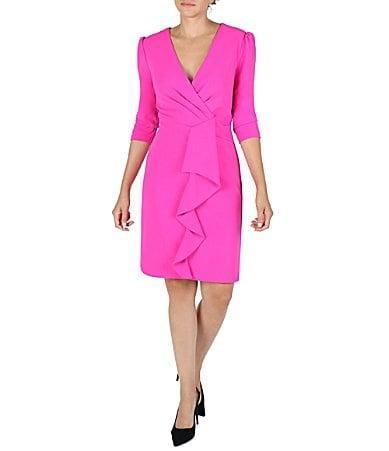 Julia Jordan Pleated Surplice V-Neck 34 Sleeve Ruffled Front Dress Product Image