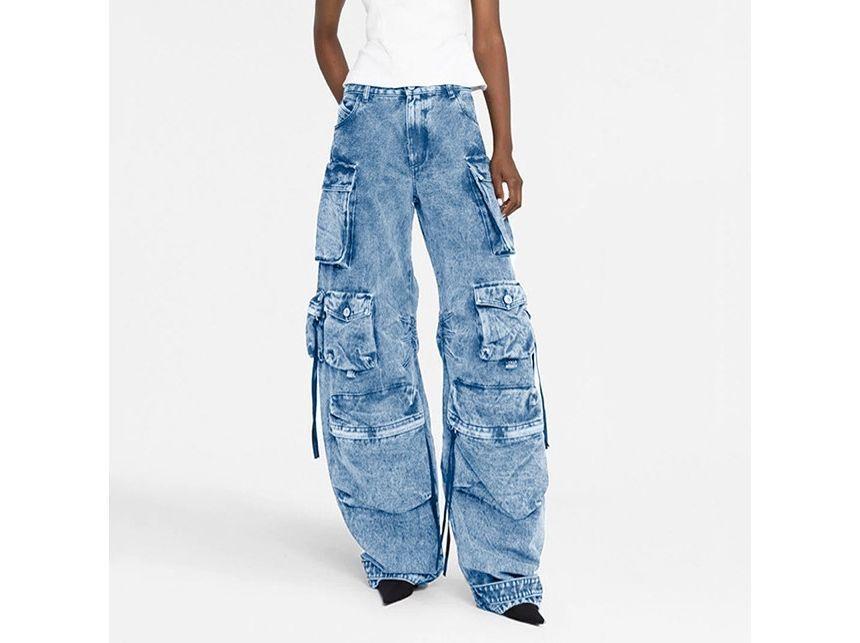 Mid Waist Washed Pocket Detail Wide Leg Jeans Product Image