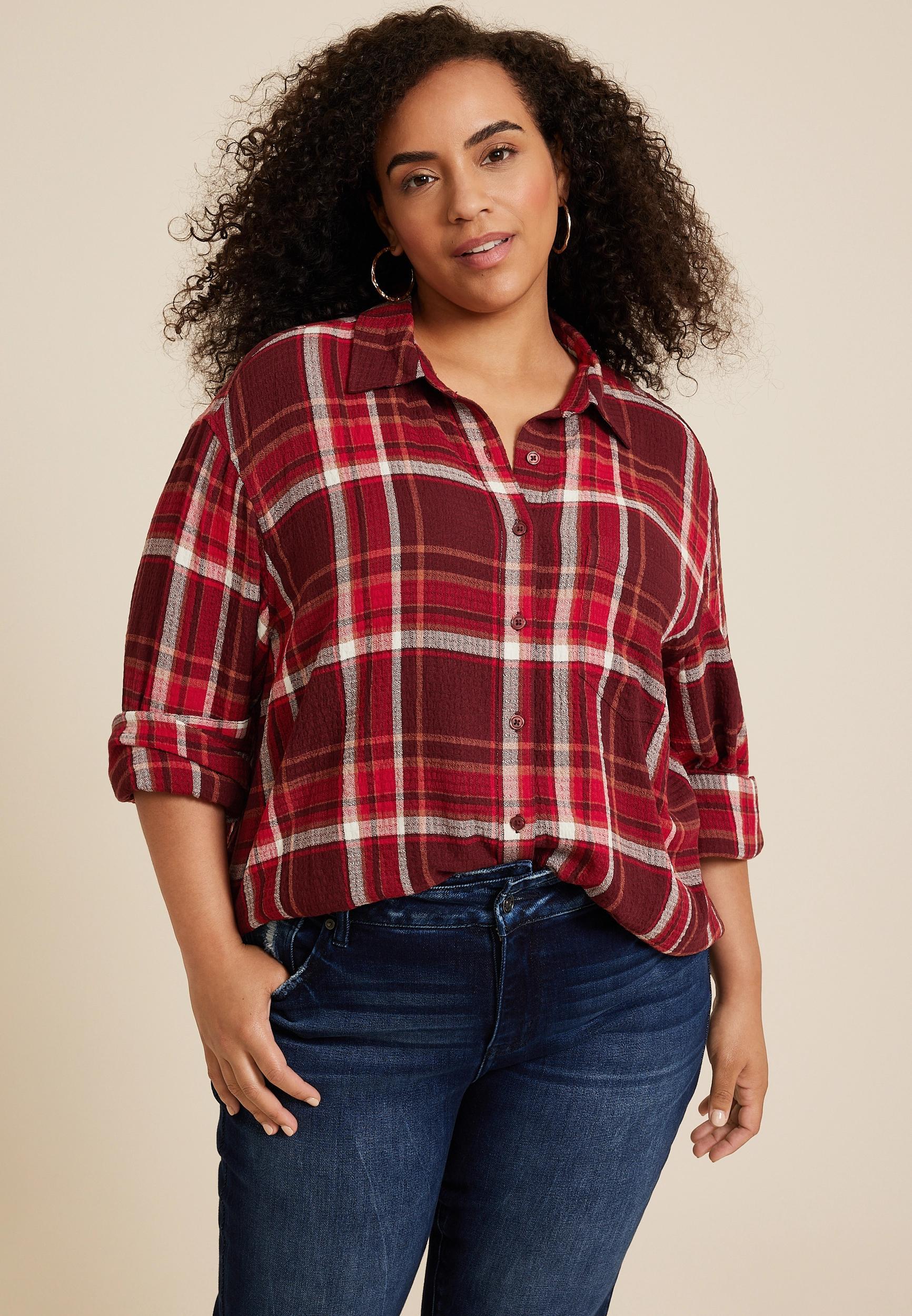 Maurices Plus Size Womens Pucker Plaid Button Up Shirt Red Size 4X Product Image