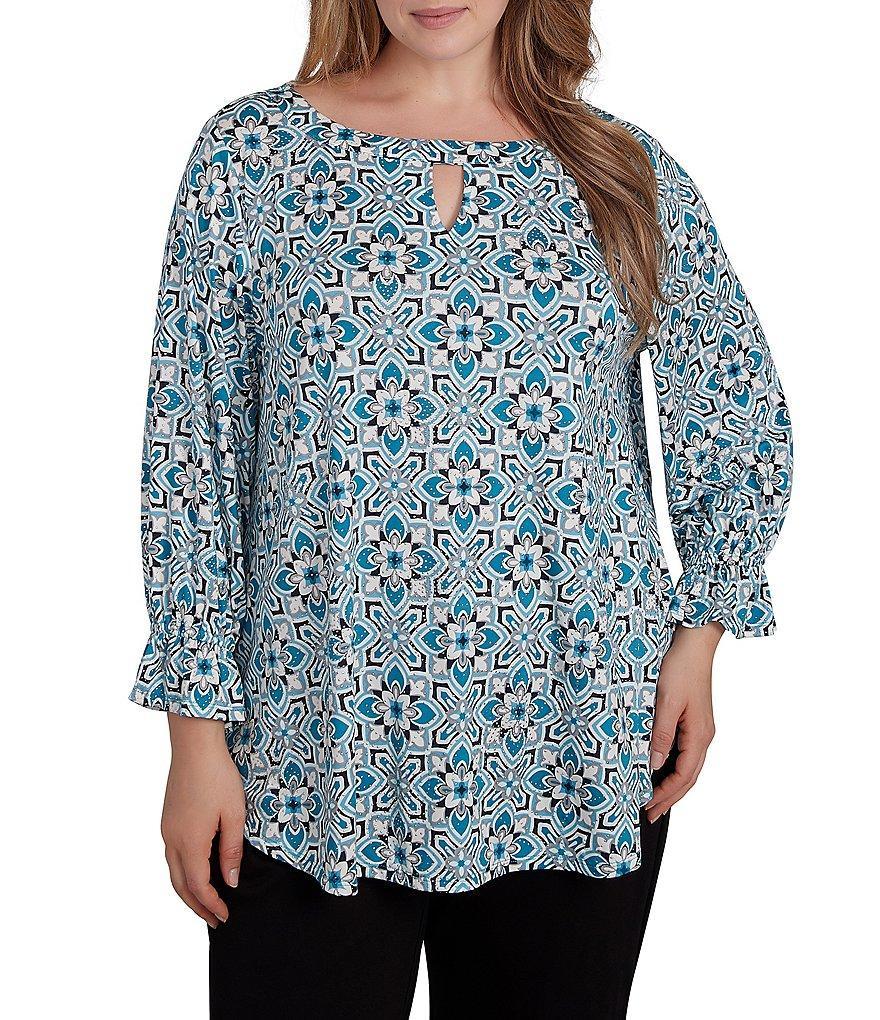 Ruby Rd. Plus Size Knit Tiles Print Keyhole Neck 3/4 Sleeve Top Product Image