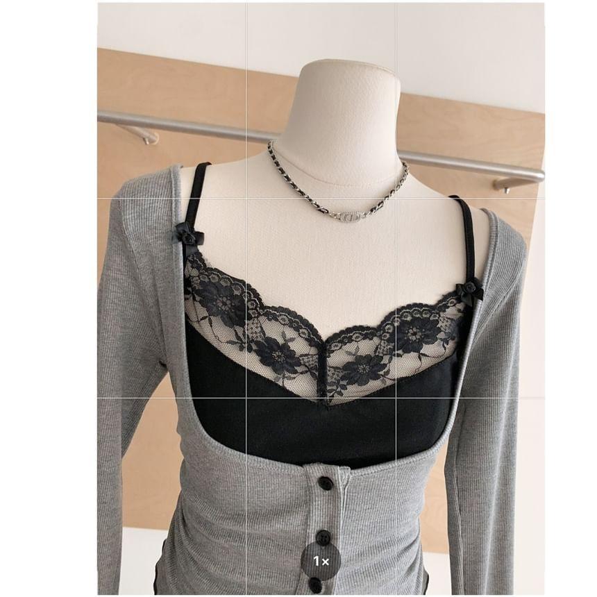 Mock Two-Piece Long-Sleeve Square Neck Button-Up Crop Top Product Image