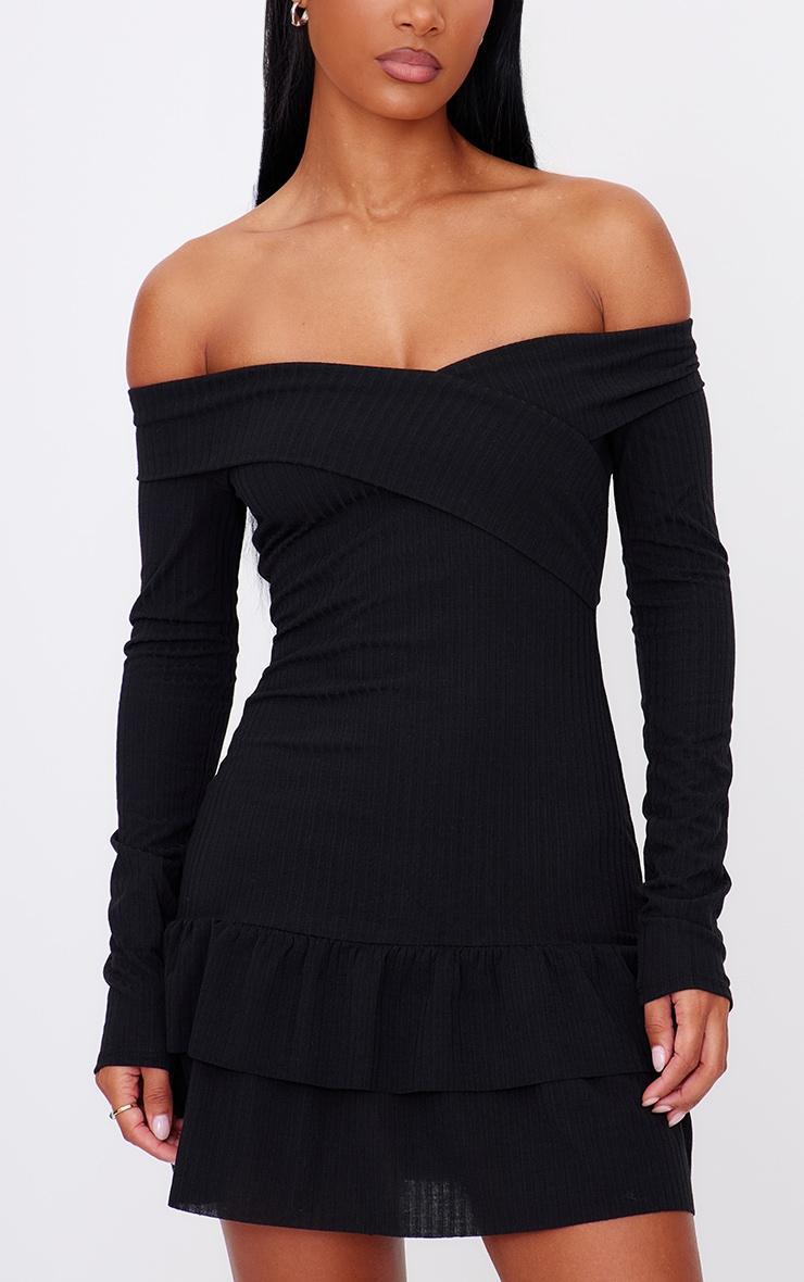 Black Ribbed Bardot Cross Over Bust Detail Shift Dress Product Image