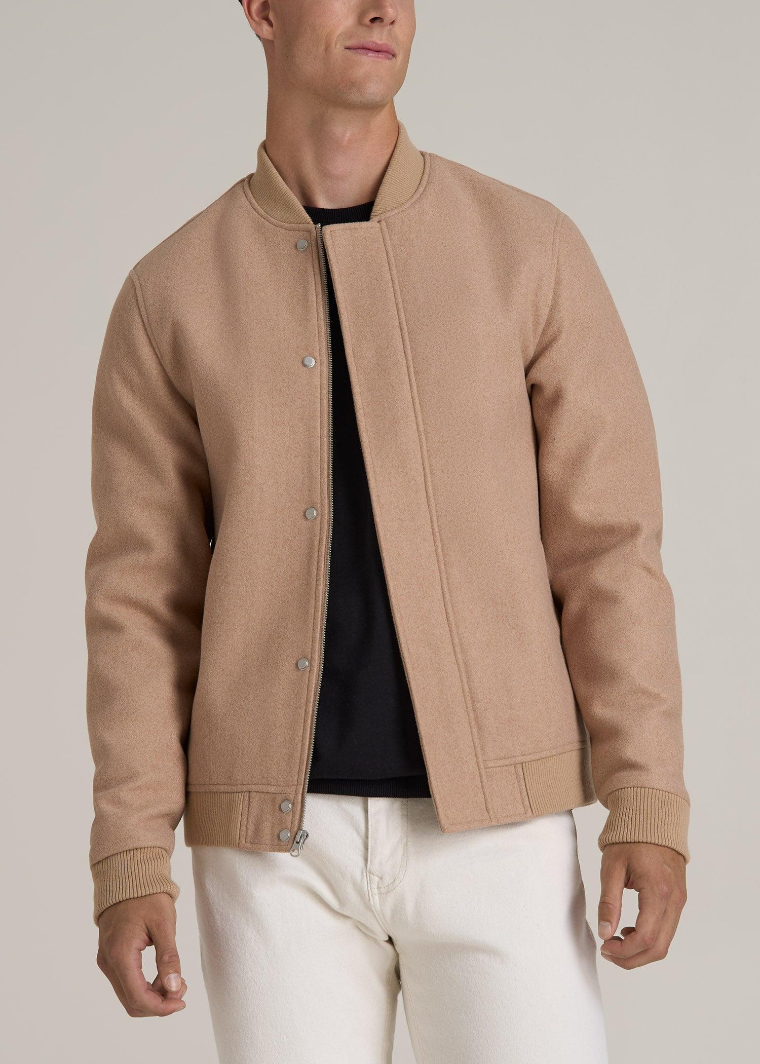 Melton Varsity Jacket for Tall Men in Light Camel Mix Product Image