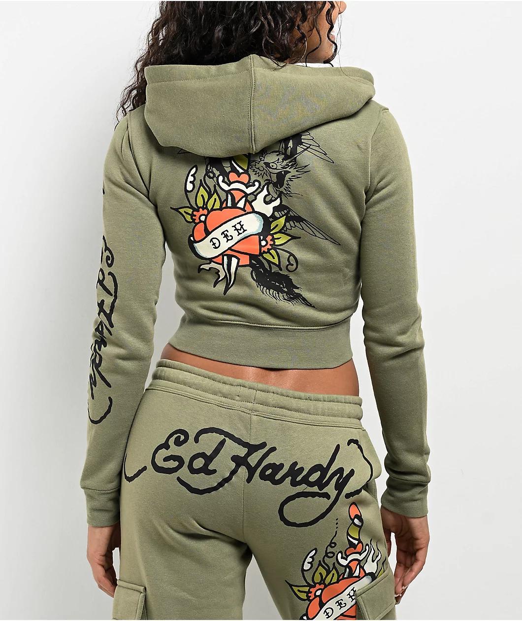 Ed Hardy Dragon Dagger Olive Crop Zip Hoodie Product Image