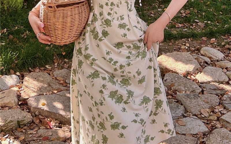 Spaghetti Strap Faux Pearl Floral Print Midi Sundress Product Image